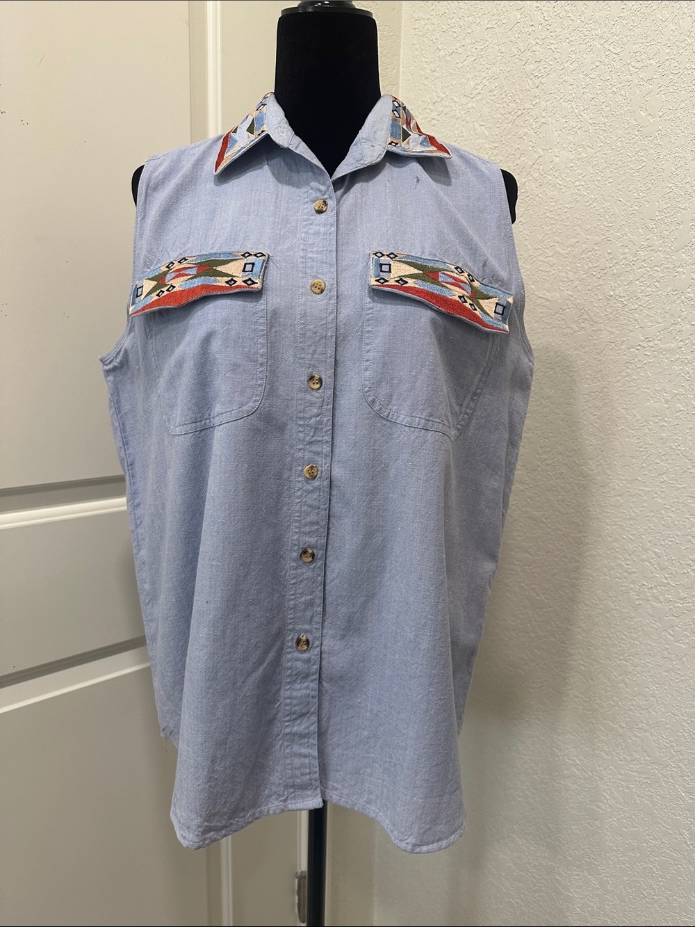 At Last Light Blue Sleeveless Button-Down Top with Southwestern Embroidered Trim